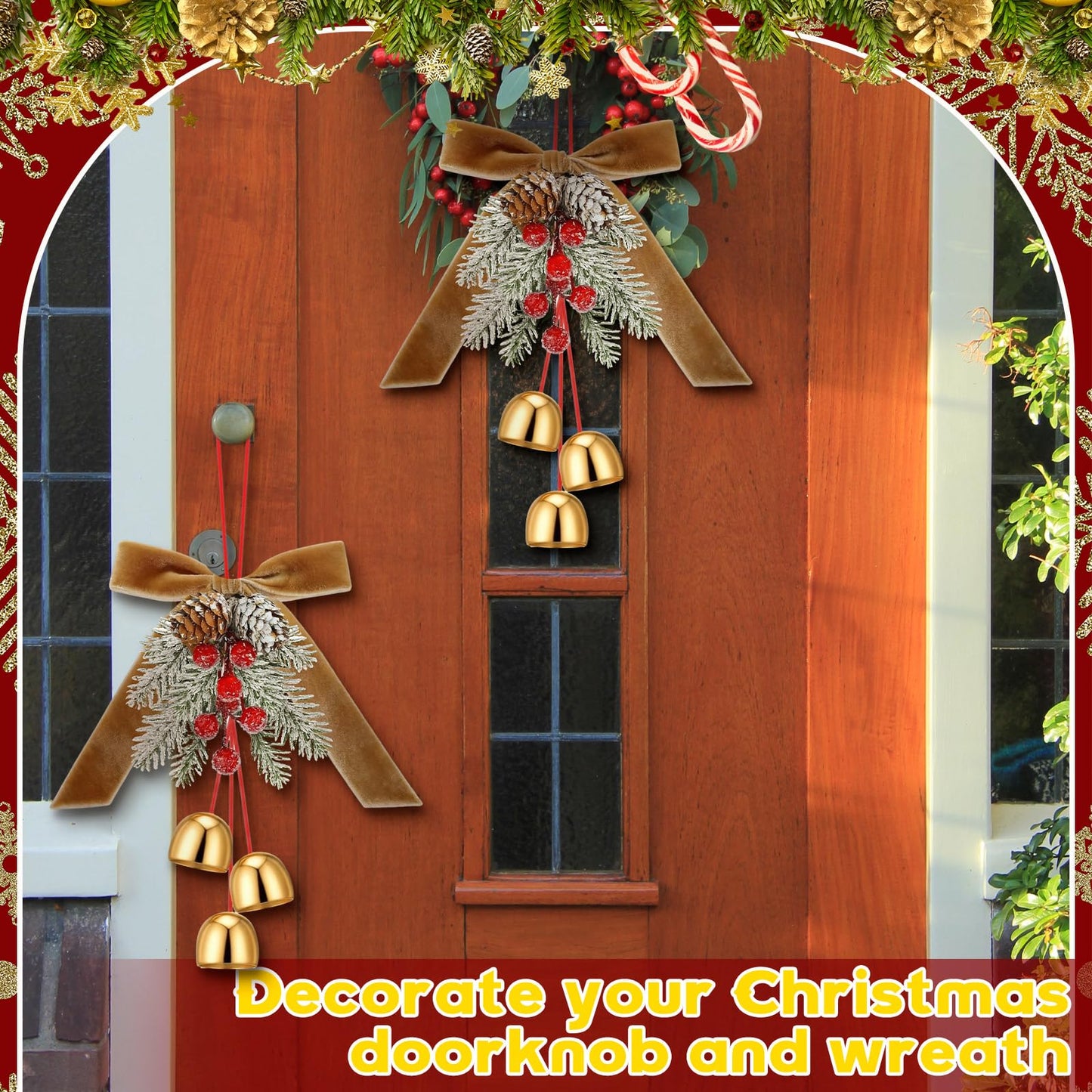 2 Pcs Christmas Jingle Bell with Neutral Velvet Ribbon Bows and Pine Cone Hanging Ornament Christmas Door Knob Hangers Tree Topper Wall Wreath Decoration for Cabinet Door Handle Knob Party Decor