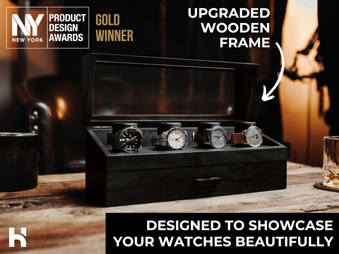 Premium 4 Slot Watch Box for Men (2026 Upgraded) – Wooden Watch Display Case with Hinged Wood Cover, Leather Lining & Drawer – Watch Organizer Stand – Handcrafted Luxury Father's Day Present for Men