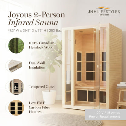 JNH Lifestyles Joyous 2-Person Low EMF FAR Infrared Sauna with Chromotherapy Light for Home Indoor Spa Use - 7 Carbon Fiber Heaters, Canadian Hemlock Wood