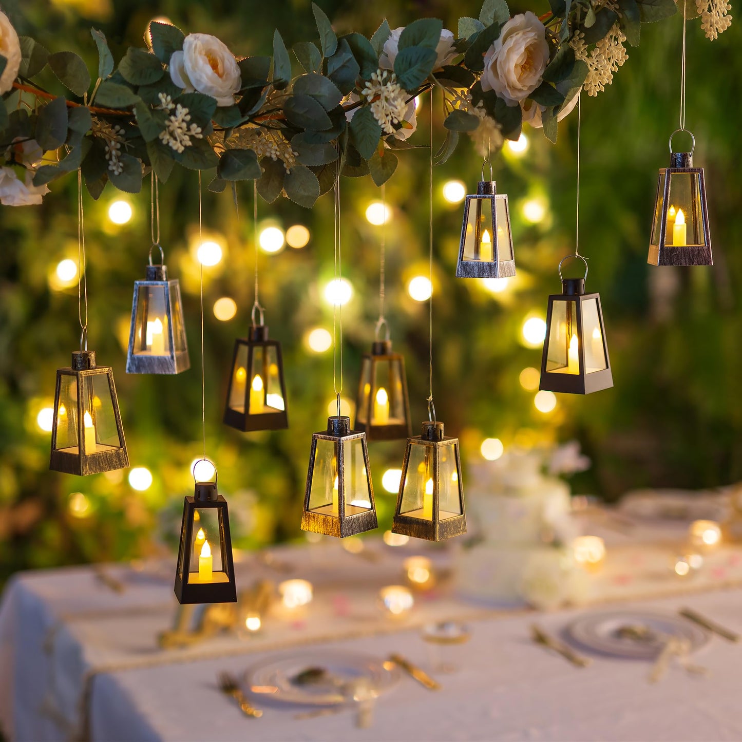 Romadedi Mini Decorative Lantern for Centerpieces - 10 Pcs Small Gold Candle Lanterns with Flickering LED Candles for Wedding Table Decor Christmas Party Halloween, Battery Included