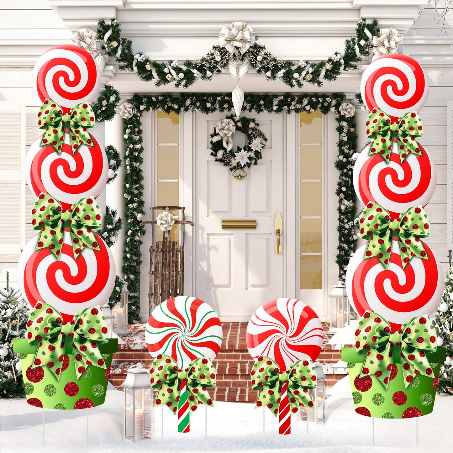 Meonum 4 Pcs Peppermint Candy Christmas Decorations Outdoor Large Christmas Yard Stakes Lime Green and Red Xmas Candy Garden Lawn Signs with Stakes and Bow for Home Pathway Walkway Party Decor(Green)
