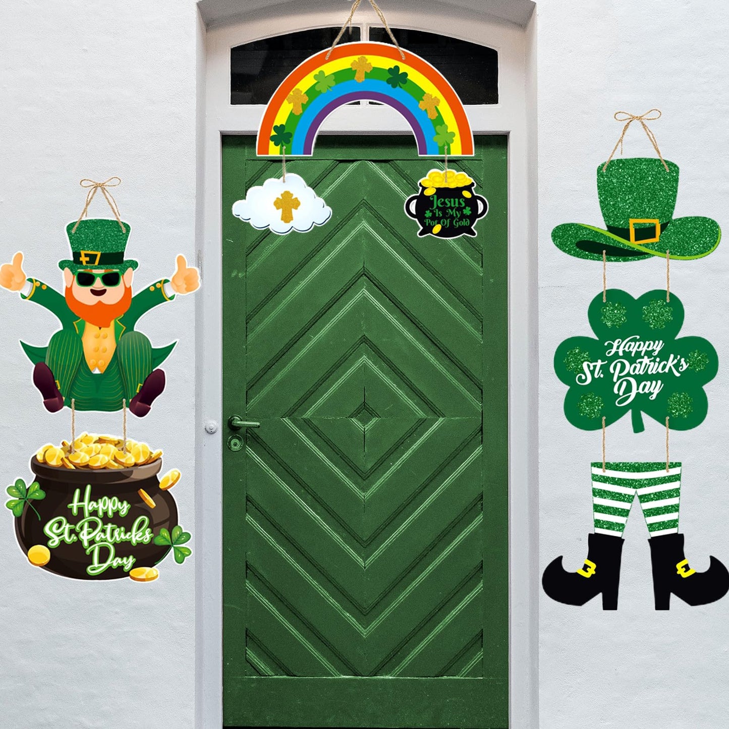 St-Patricks Day Decorations Front-Door Hanger-Decor - 5pcs Green Saint St. Patrick'S Shamrock Hat Party Paper Signs Banner, Irish Home Birthday Anniversary Wall Hanging Garland Lasting Surprise