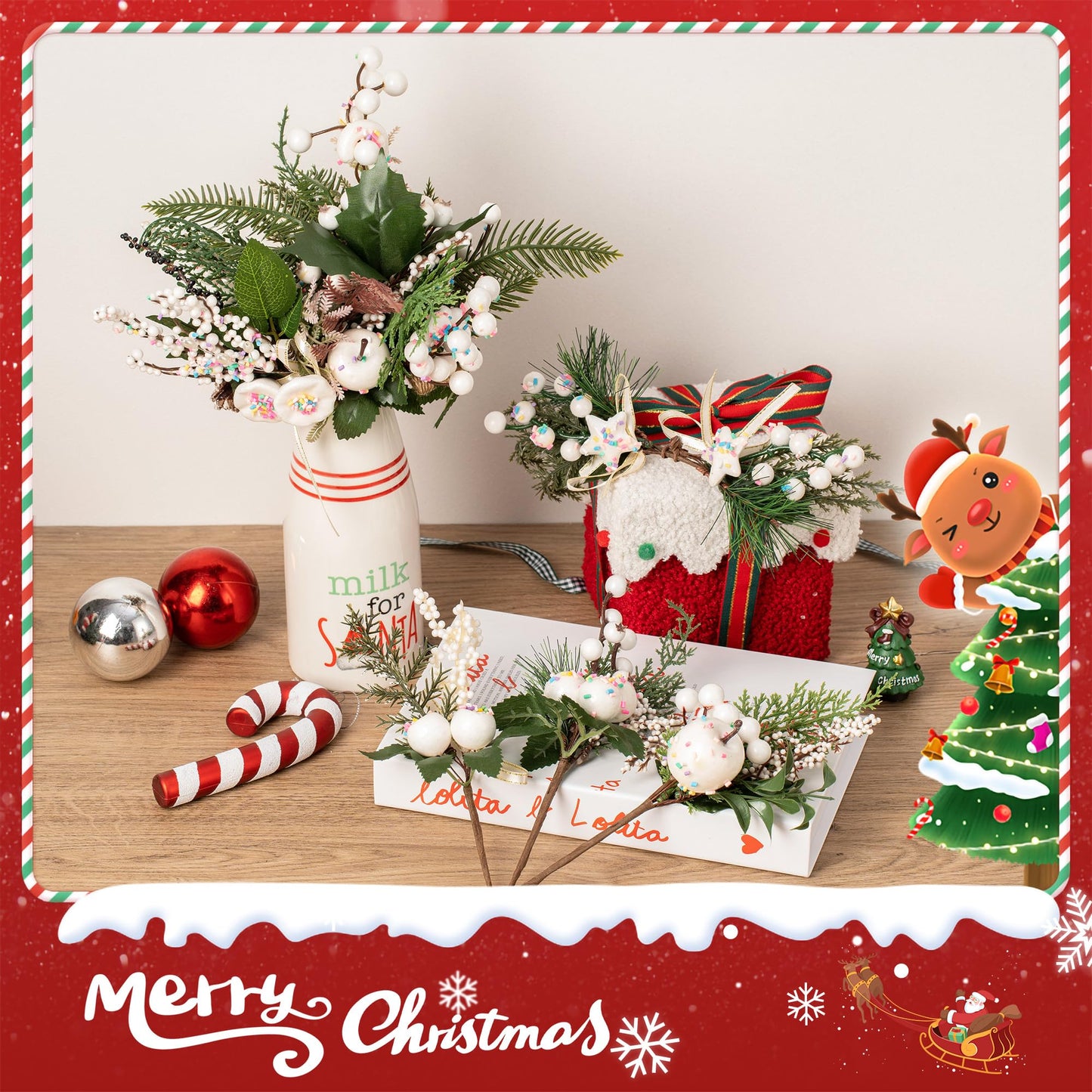 Crafare12 Pack Artificial Christmas Tree Picks Assorted Candy Pine Picks Spray with Pinecones Apples Holly Leaves Winter Holiday Season Decoration
