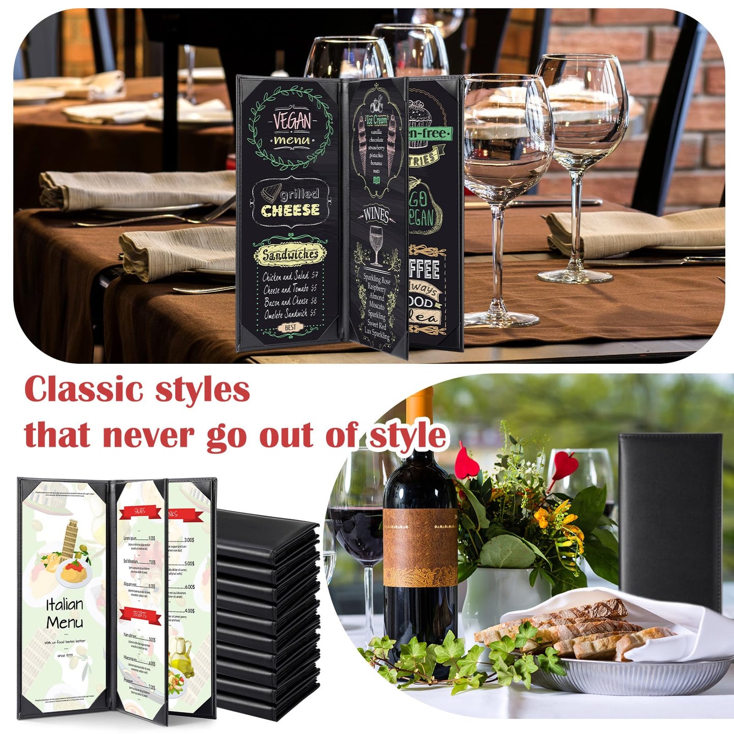 Jexine 20 Pcs Black Menu Covers Waterproof Restaurant Cafe Bar PU Leather 4 View Fold Menu Book with Angled Corners for Wine Drinks Cafes List Covers Set, 4.25 x 11 Inches