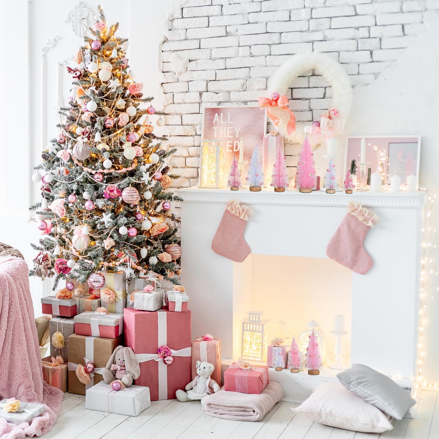 Leyndo 9 Pcs Pink Pearl Artificial Mini Christmas Tree Sisal Bottle Brush Trees with Wood Base Christmas Pine Trees for Autumn Winter Holiday Home Kitchen Party Decor