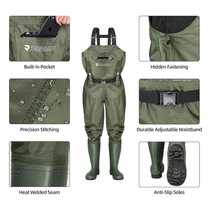PROBITE Fishing Chest Waders for Men Women with Boots Waterproof 2-ply Nylon PVC Lightweight Waders for Hunting(M9/W11,Green)