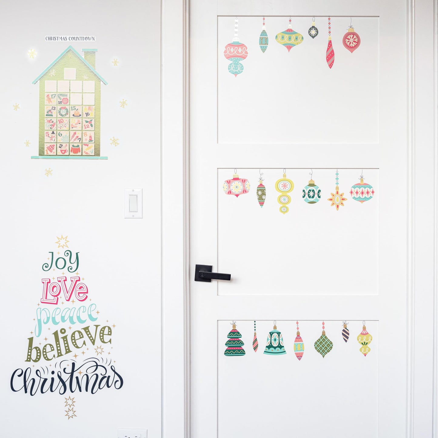 Wall Wear Trendy Christmas Decal Kit – 9 Peel & Stick Sheets with Festive Ornaments, Snowflakes & Countdown Calendar. Removable, Water-Resistant & Rental-Safe Holiday Wall décor.