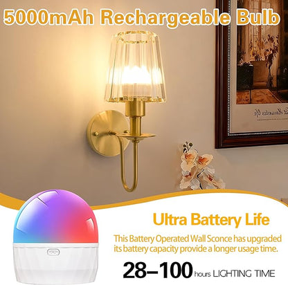 Battery Operated Wall Sconces set of Two,Wireless Wall Sconces with 5000 mAh Bulb and Remote,LED 15 Colors Rechargeable Gold Wall Sconce with Crystal for Bedroom Living Room Hallway Wall Decor