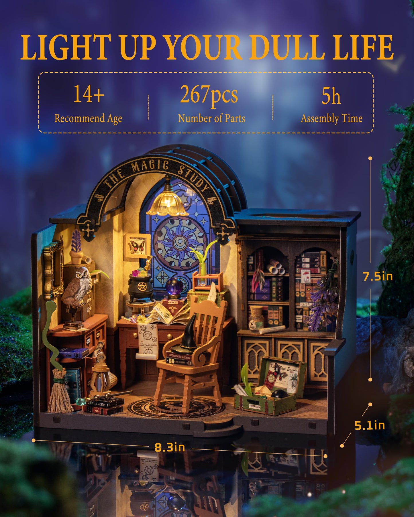 Rowood Magic Study Miniature House Kit, DIY Miniature Dollhouse Kits for Adults, Wizard Mini House Craft Kits for Women with LED, Halloween Christmas Birthday Gift for Adults (The Magic Study)