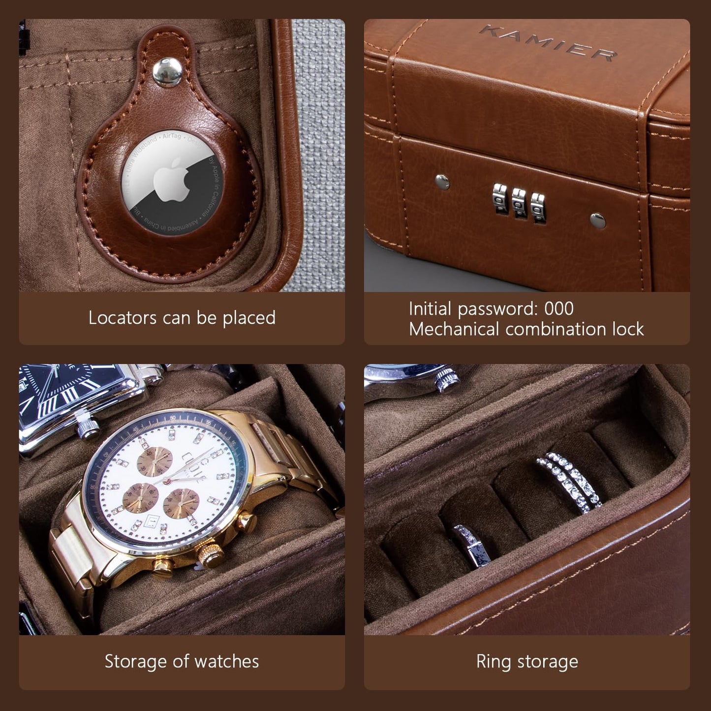 KAMIER Watch Case with Combination Lock - 4 Watch Storage and Jewelry Organizer - Watch Travel Case for Ring and Watch Storage, PU Leather Travel Watch Case, Ideal for Gift (With Gift Box), Brown