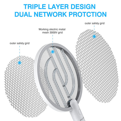 PALONE Electric Fly Swatter 3000V Bug Zapper Racket 2 in 1 Fly Swatter with 1200mAh Battery Rechargeable Mosquito Killer Lamp with 3 Layers Safety Mesh for Indoor and Outdoor (2 Pack)