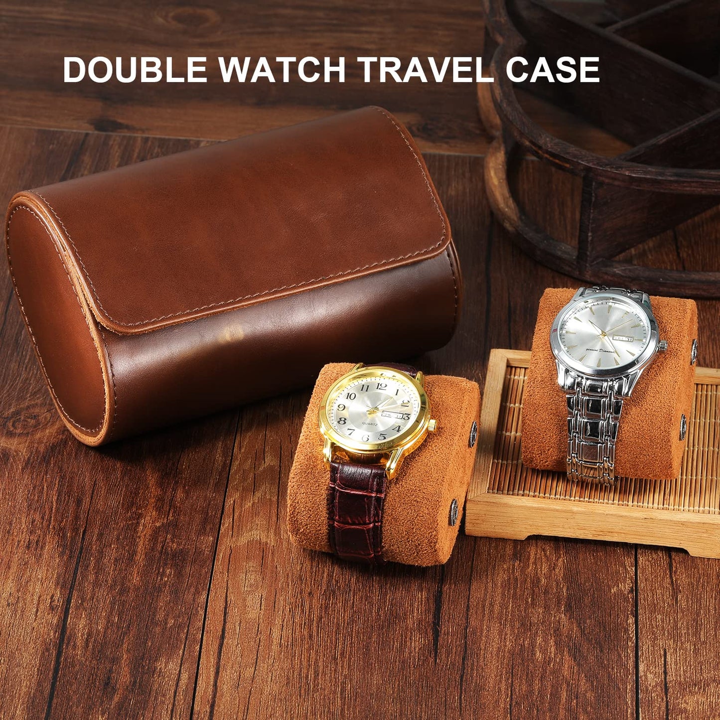 ROSELLE Watch Roll Travel Case for Men and Women- 2 Watch Storage and Organizer-Secure Storage with Innovative Removable Pillows & Solid Dividers for Home, Travel and Display (Brown-2 Slot)
