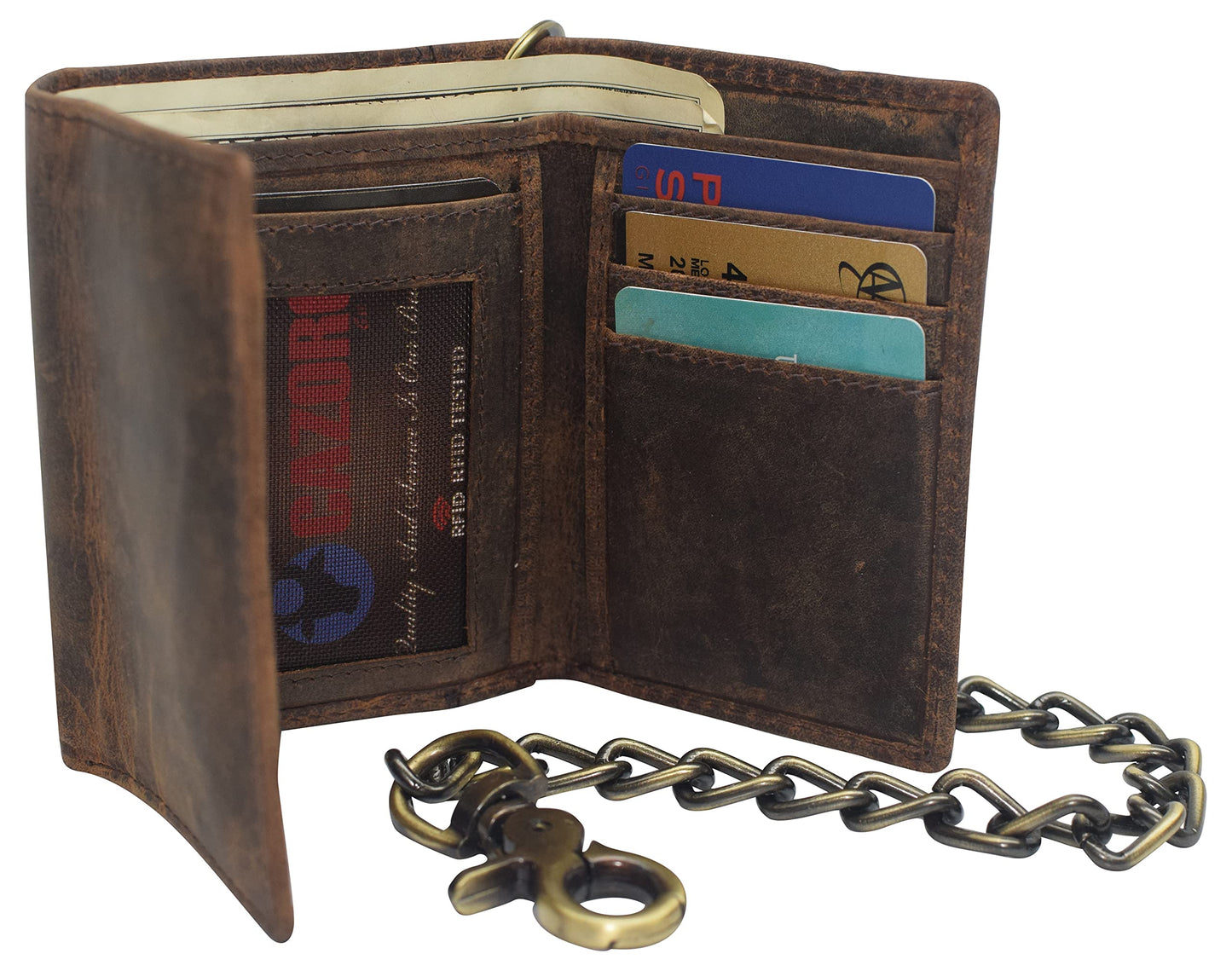 Men's RFID Blocking Trifold Vintage Leather Biker Chain Wallet With Snap Closure (Brown)