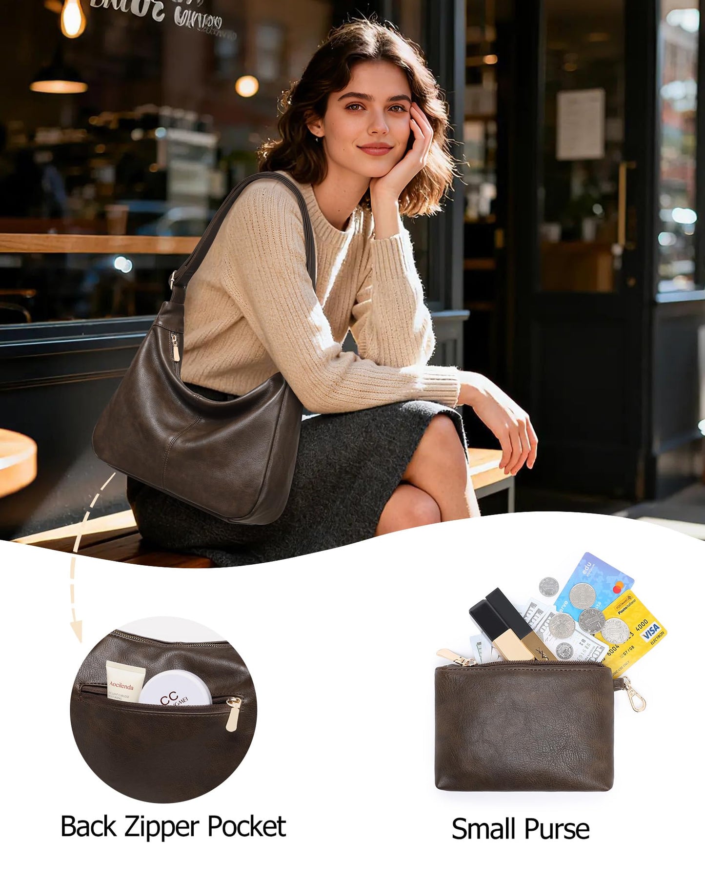 2PCS Purses for Women, Soft Vegan Leather Hobo Bag Slouchy Crossbody Shoulder Handbag Fall Brown Tote 2025