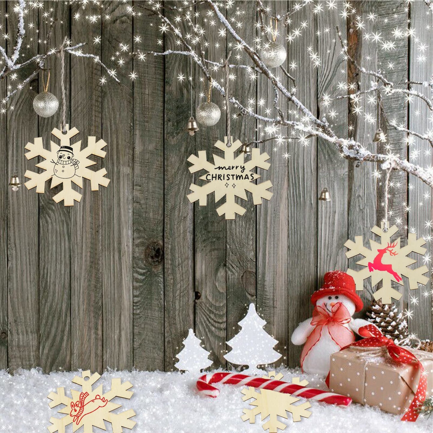 50Pcs DIY Wooden Christmas Ornaments Wooden Snowflakes for Crafts Unfinished Snowflakes Wood Ornaments with Hole, Predrilled Wood Snowflake Cutouts for Crafts Paints Christmas Tree Hanging Decor
