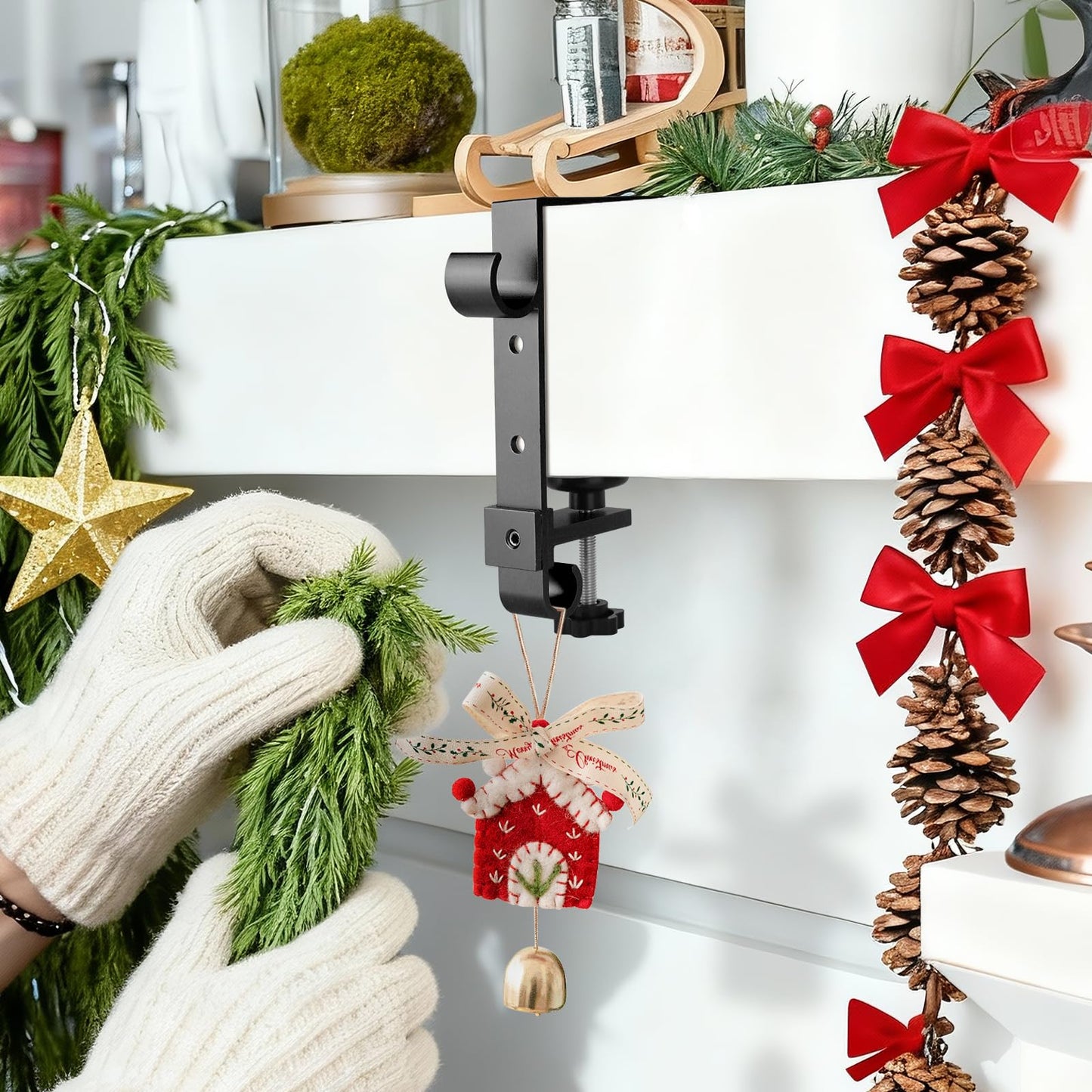 Acrridi Stocking Hangers for Mantel,4 Pcs 2 in 1 Adjustable Fireplace Christmas Stocking Holder,No-Drill, Easy to Install Garland Hanger for Christmas Decorations,Fits 0.1”-3.5”Mantles(Black, 4)
