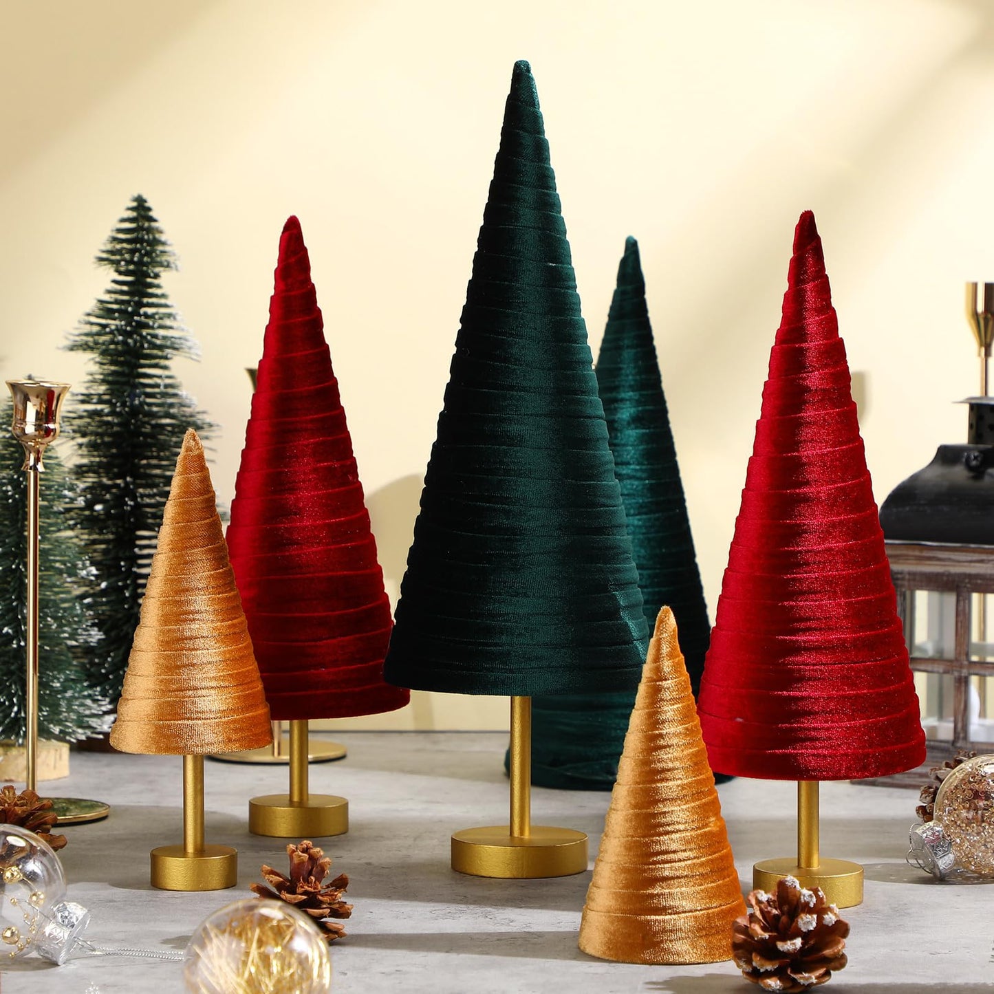 Hoolerry 6 Pcs Christmas Velvet Trees with Gold Pedestal Christmas Velvet Cones Tree Mantel Decor Modern Rustic Winter Home Minimalist for Holiday Entryway Table Wedding Centerpiece(Xmas)