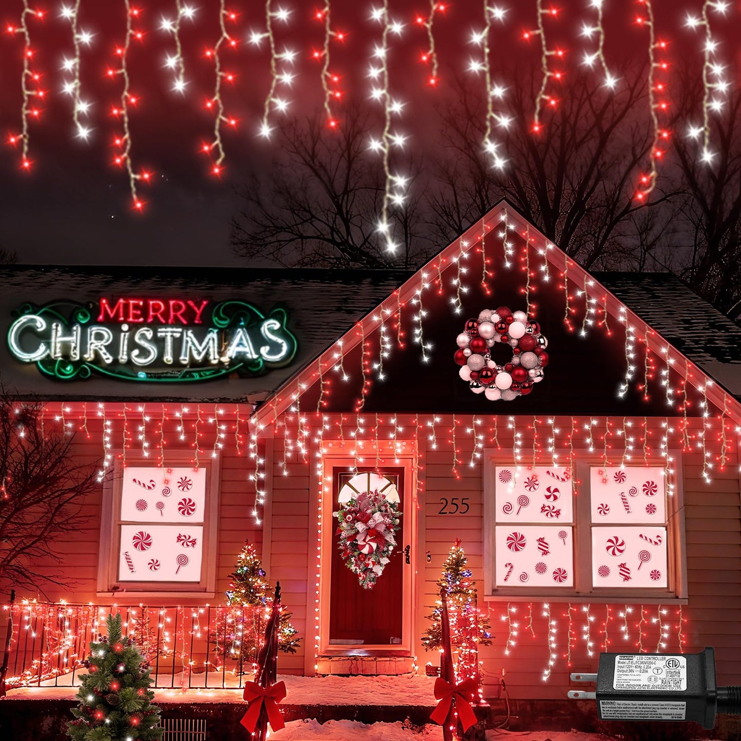 YEGUO 33ft 400 LED Red and White Icicle Lights Outdoor Waterproof, 80 Drops Icicle String Lights Connectable, 8 Modes Icicle Christmas Lights with Memory