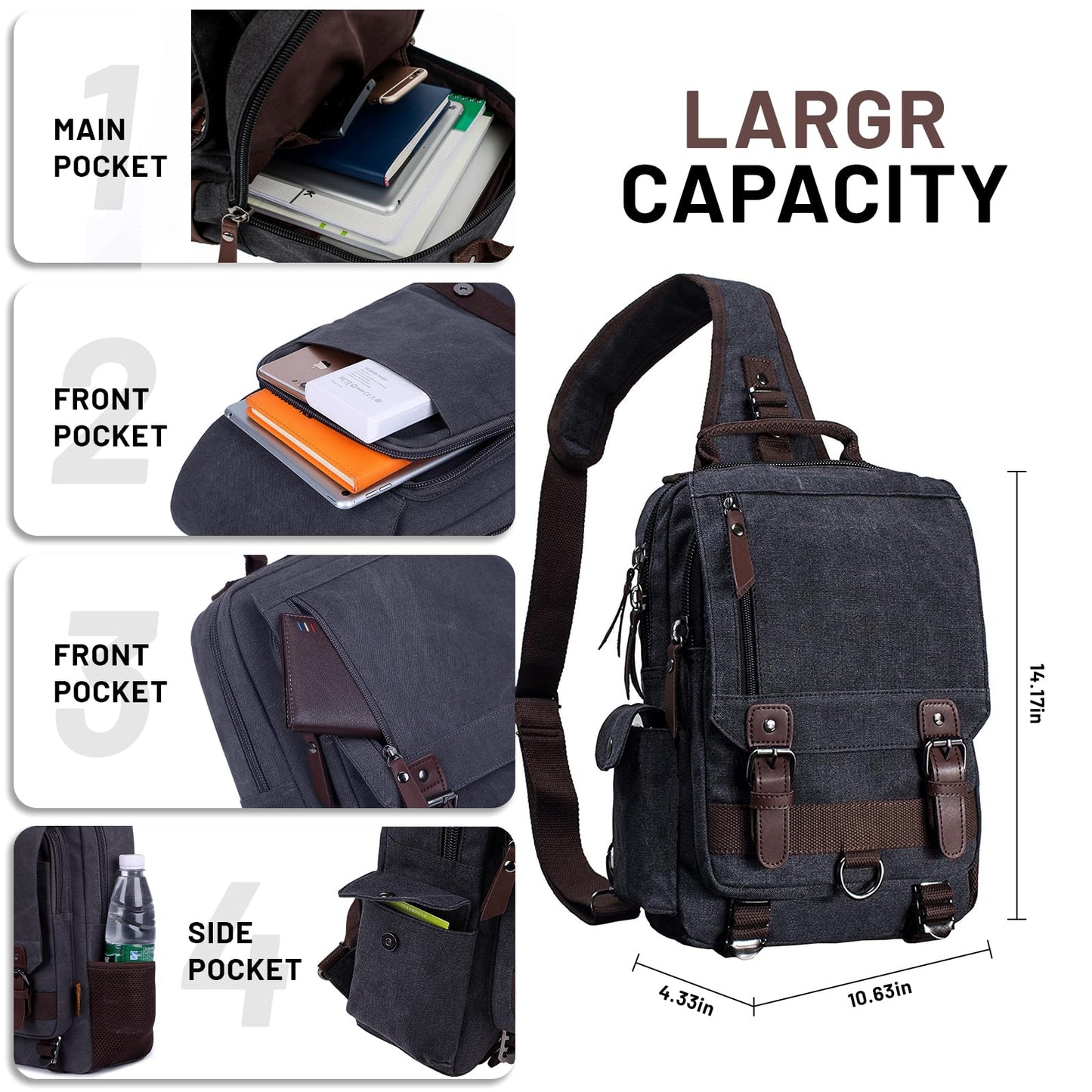 mygreen Crossbody Bag, Canvas Chest Leather Messenger Bag with One Strap Sling for Travel and Hiking (Large, Black)