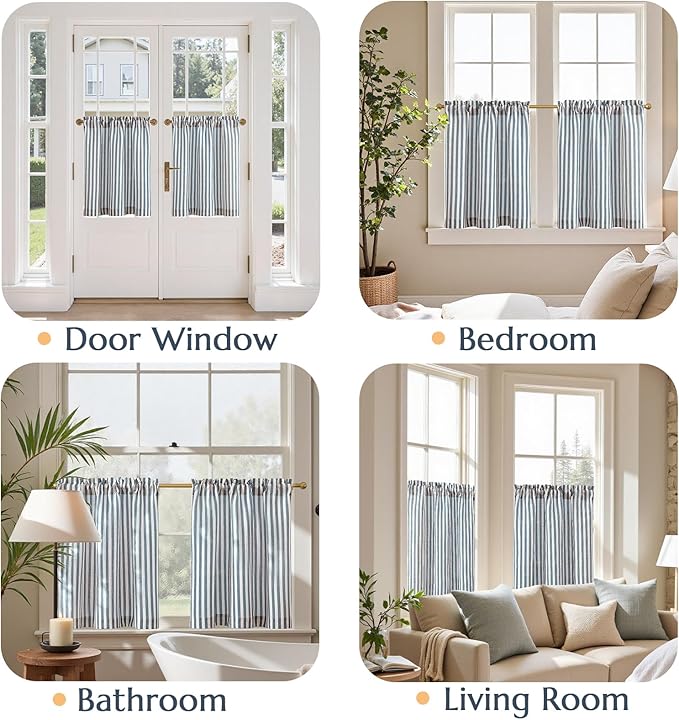 jinchan Striped Linen Kitchen Curtains 24 Inches Length Tier Curtains Farmhouse Modern Cafe Style Small Window Treatments Airy Light Filtering Rod Pocket for Living Room Bathroom 2 Panels Blue