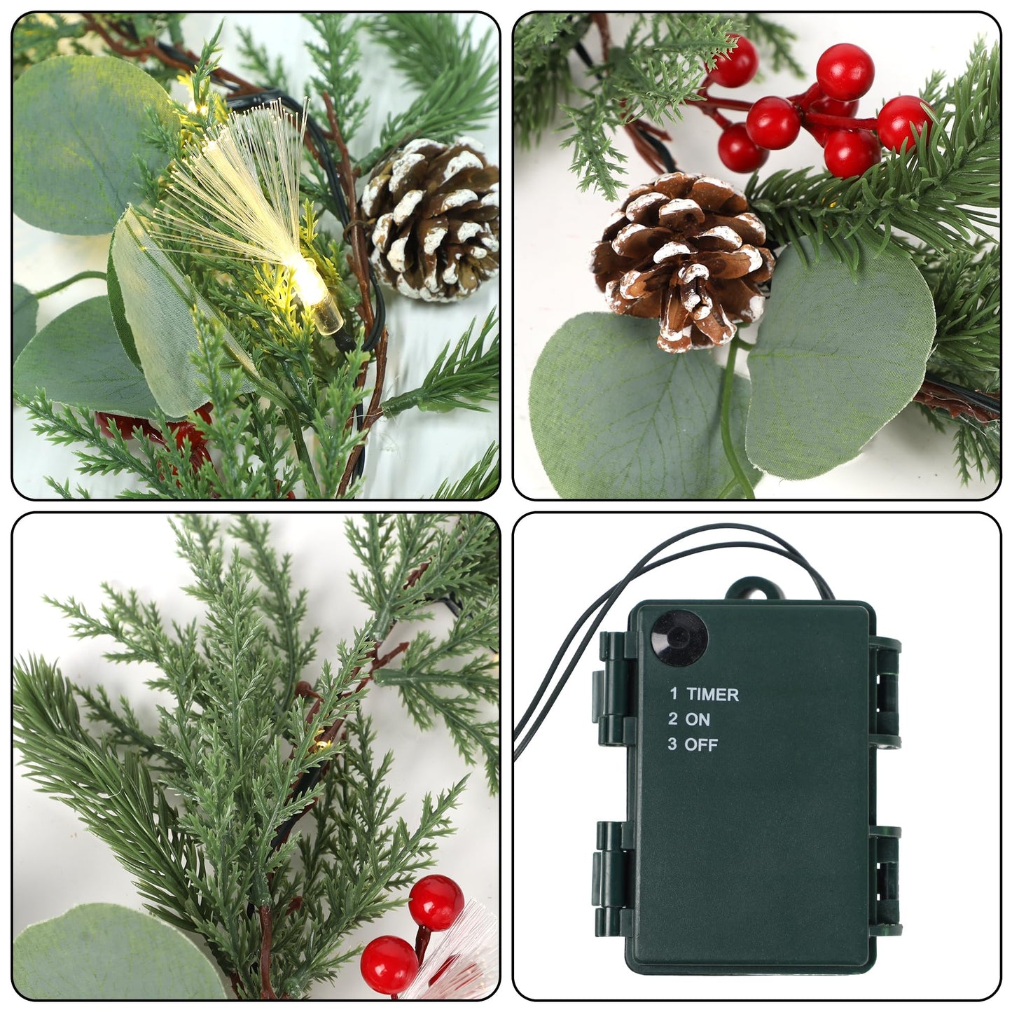 DR.DUDU Christmas Garland Decorations, 6FT Garlands with Lights Timer Indoor Decoration Pre-Lit Green Garland with Pine Cones Red Berry for Mantle Outdoor Fireplace Stairs Holiday Winter Decor