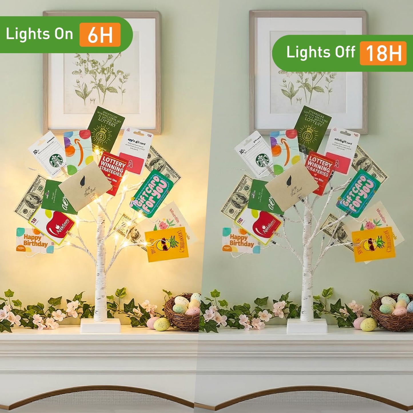 EAMBRITE Money Tree Gift Holder, Gift Card Tree 2FT 24LED, Lighted Birch Trees Battery/USB Powered Timer Photo Display with 24 Clips and 12 Cards for Home Graduation Christmas Picture Memo 2 Pack