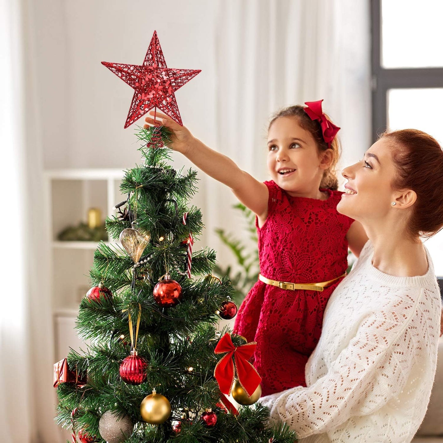 URATOT Glittered Christmas Tree Topper Metal Christmas Treetop Hallow Wire Star Topper for Christmas Home Decoration (8 inches, Red)