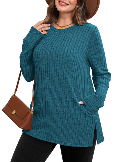 SAMPEEL Womens Sweaters Crewneck Long Sleeve Shirts with Pockets Fall Outfits 2025 Fashion Winter Clothing Side Slit