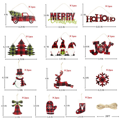 Clearance 18Pcs Christmas Tree Ornaments Buffalo Plaid Merry Christmas Ho Ho Ho Joy Sign Wooden Xmas Red Truck Gnomes Snowflake Snowman Reindeer Bell Sock Glove for Holiday Party Decorations Supplies