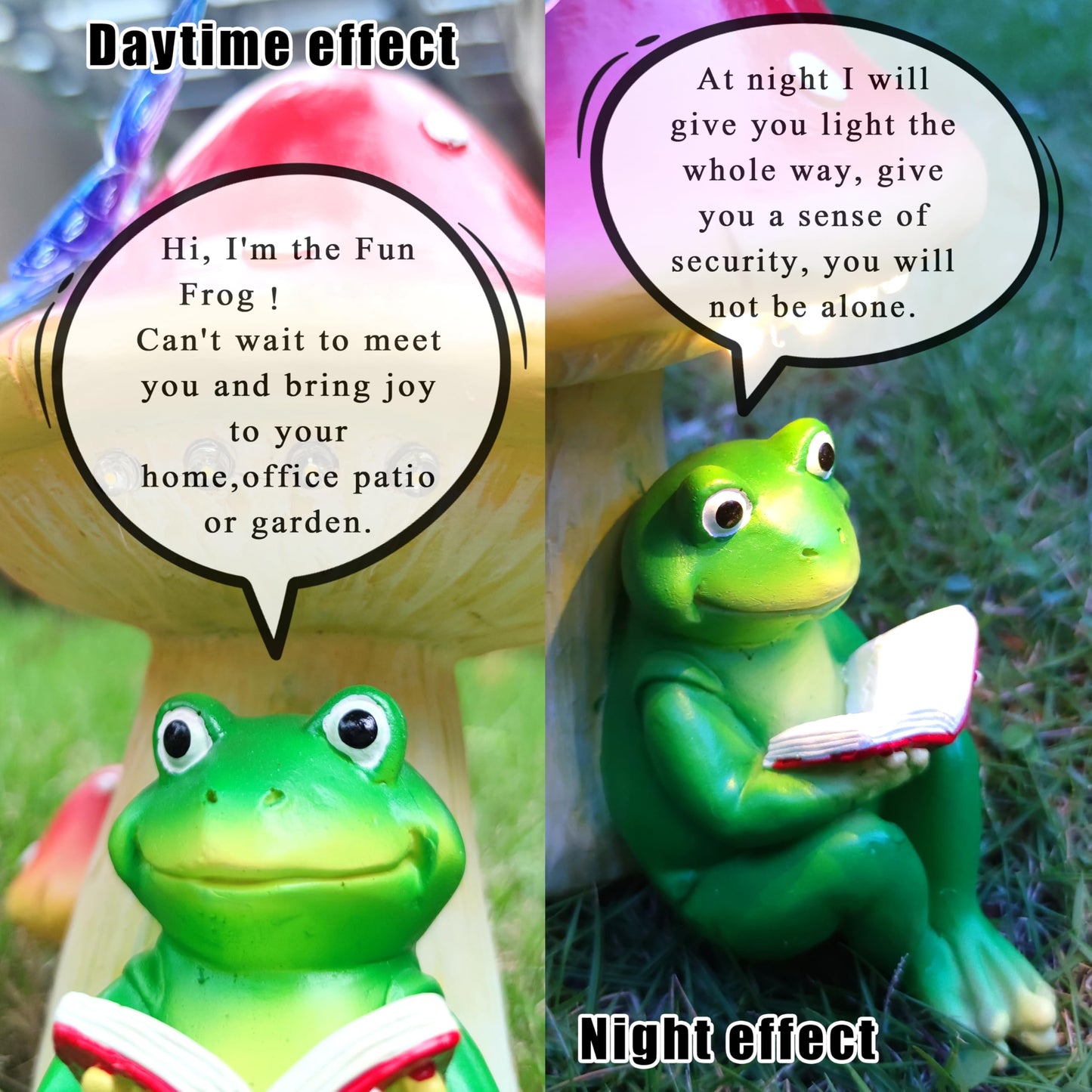 RCTTICUU Solar Frog Mushroom Garden Statues,Statuettes of Resin Frog Mushroom Reading a Book Figurine with LED Solar Lights, Lawn Decor Outdoor Statue for Patio,Balcony,Yard,Lawn Ornament