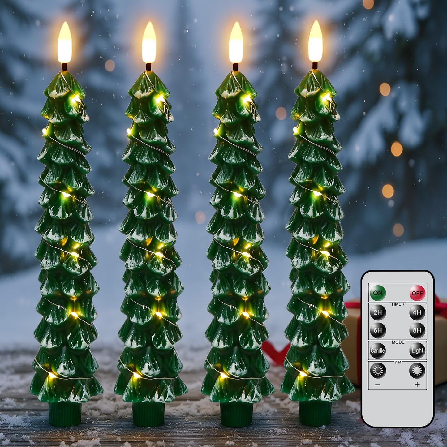 KunSwenn Christmas Tree Candles with Remote, Snowy Waxy Christmas Tree Flameless Taper Candles Battery Operated with String Lights, Set of 4 LED Tree Candlesticks for Xmas Winter Décor