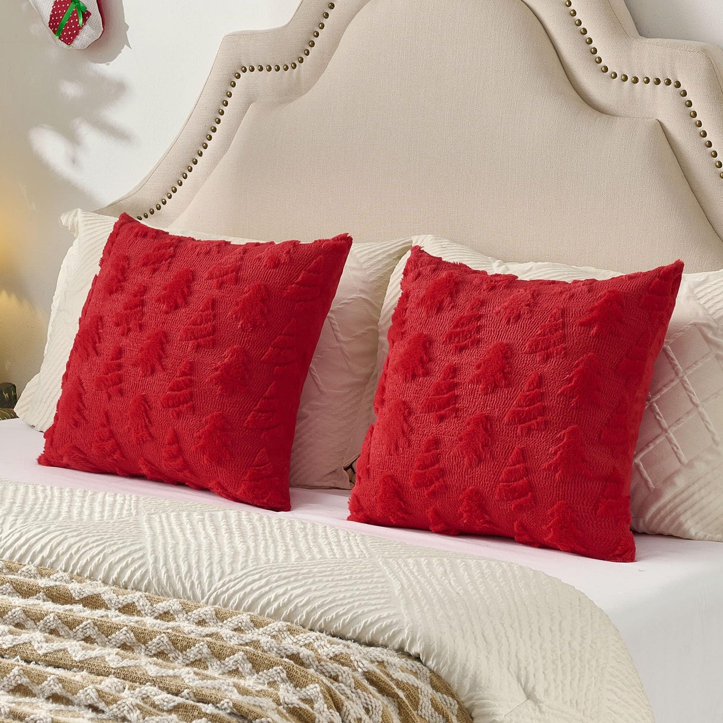 FUTEI Christmas Tree Pillow Covers 18x18 Set of 2, Red Xmas Decorations Soft Fluffy Winter Lumbar Pillow Covers for Couch Sofa Bedroom Holiday Festivals Home Decor