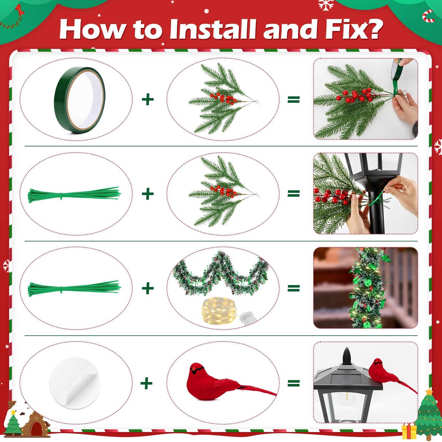 YIBOBO 13Pcs Christmas Lamp Post Decoration Set Include String Light, Pine Branches, Red Berries, Tinsel Garlands, Checkered Bow and Cardinal Bird for Outdoor Holiday Porch Lawn, NOT Include Lamp Post