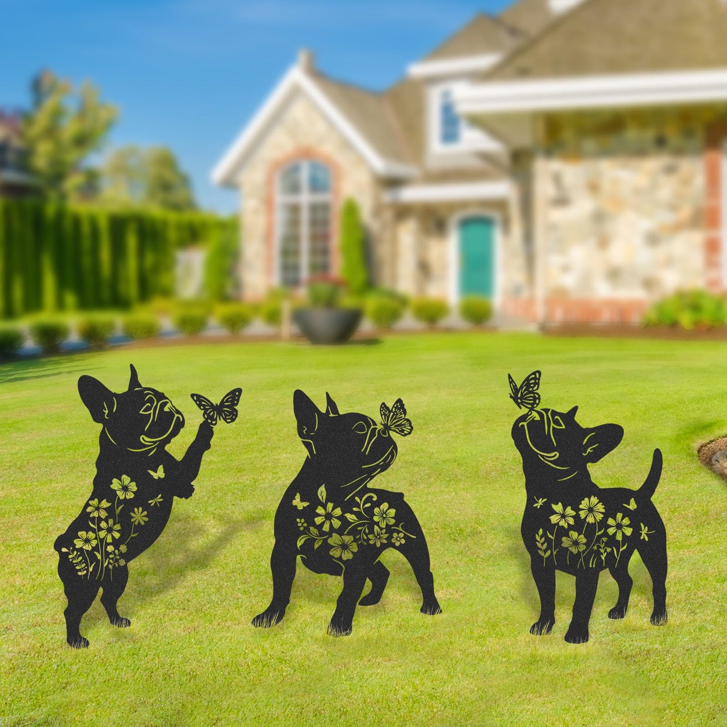 LIRAVENO French Bulldog Gifts Decor - 3 Pcs Metal Garden Stakes Outdoor Animal Statue Decorations Patio Lawn Pathway Yard Art Ornaments Butterfly Flower Silhouette Christmas Birthday for Dog Lover