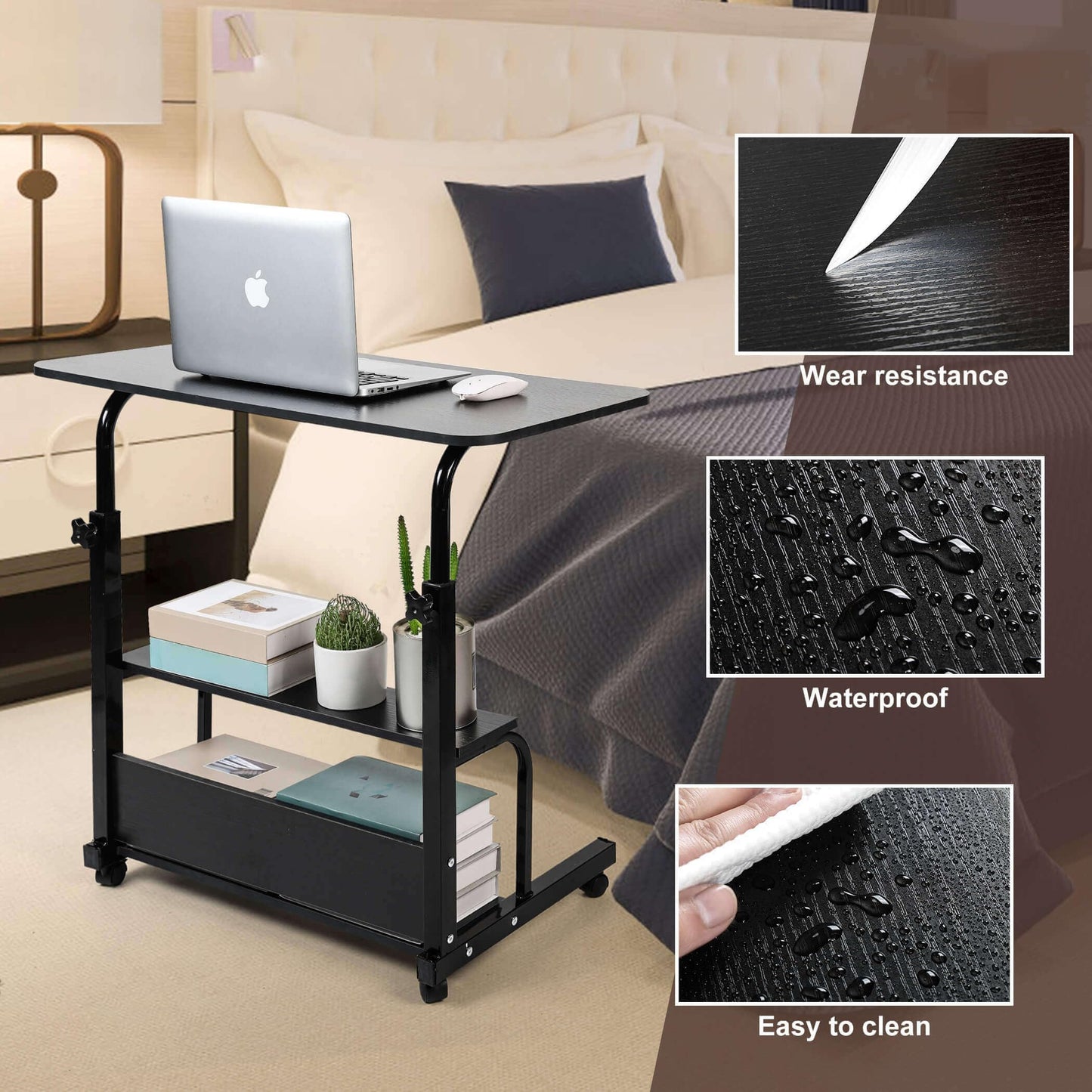 Adjustable Height Mobile Computer Desk for Small Space Rolling Writing with Wheels Corner Home Office Study Portable Bedrooms Work Desk Standing Desk Sizes 31.5X15.7 Inches Black C