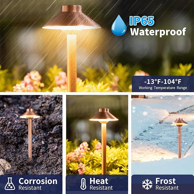Gardenreet Low Voltage Landscape Path Light Solid Brass, 3 Color Temp Selectable LED Driveway Lights Waterproof, Hat Shaped 12V Wired Copper for Walkway Garden with 3W 270LM G4 Bulb (12 Pack)
