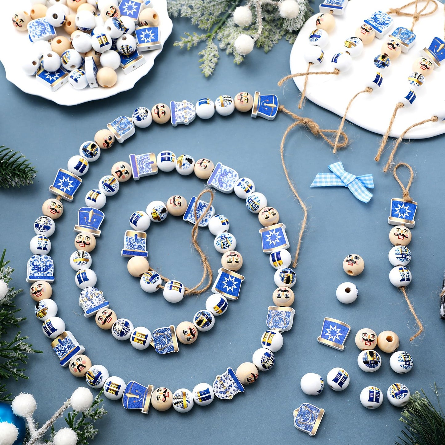 Cinnvoice 240 Pcs Summer Christmas in July Wood Beads with Twine Snowman Gingerbread Man Nutcracker Wooden Bead Garland DIY Crafts Round Beads for Xmas Party Decor(Chinoiserie Nutcracker)