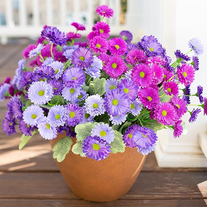 HyeFlora Dahlia Artificial Flowers for Outdoors Decoration, 6 Bundles Fake Mums Faux Flowers Plants Realistic UV Resistant Silk Flowers for Outside Planter Front Door Yard Garden Indoor Home, Mix