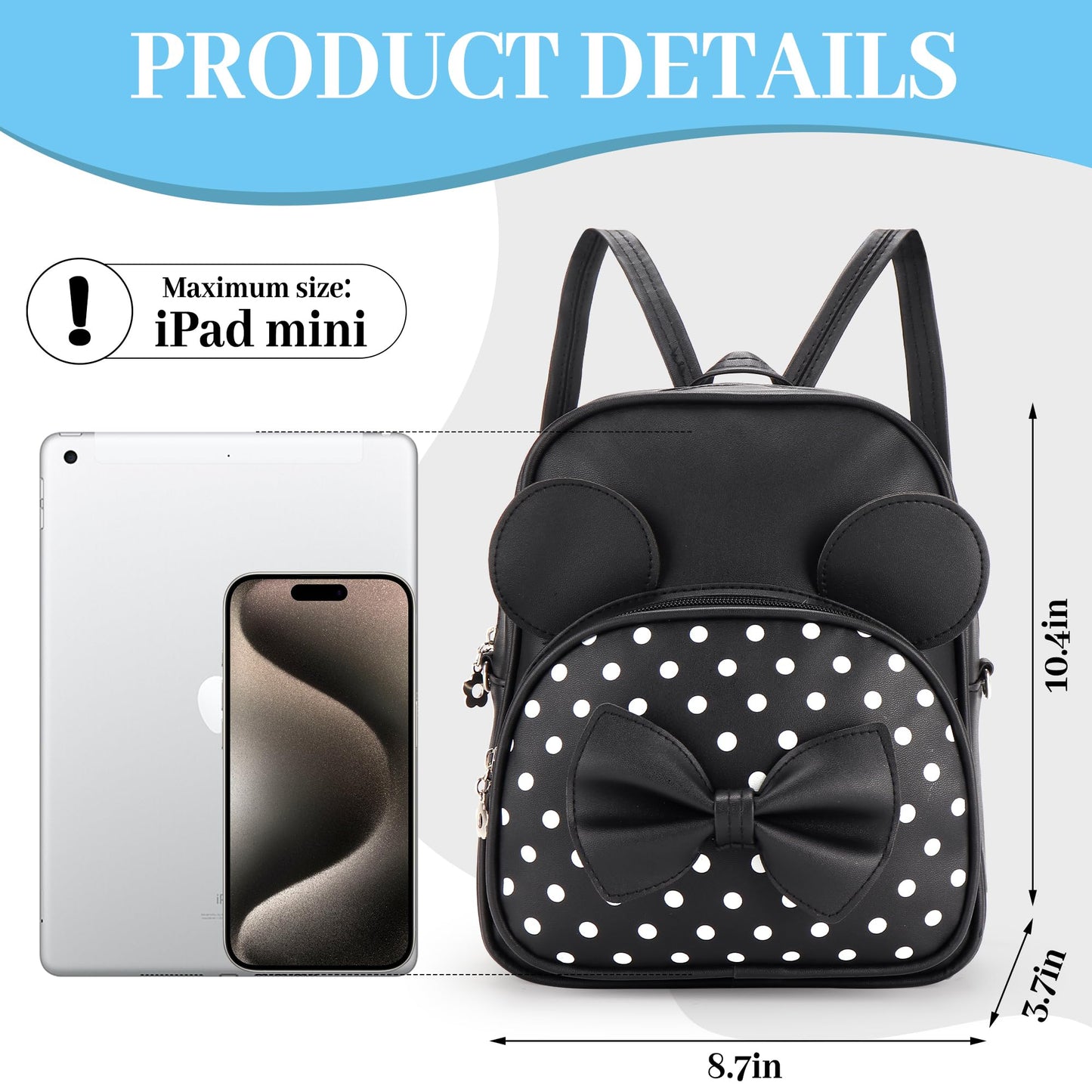 Coziyee Mini Backpack for Girls Women Cute Bowknot Polka Dot Small Mouse Backpack for Kid Toddler Purse Shoulder Bag Daypacks (Black)