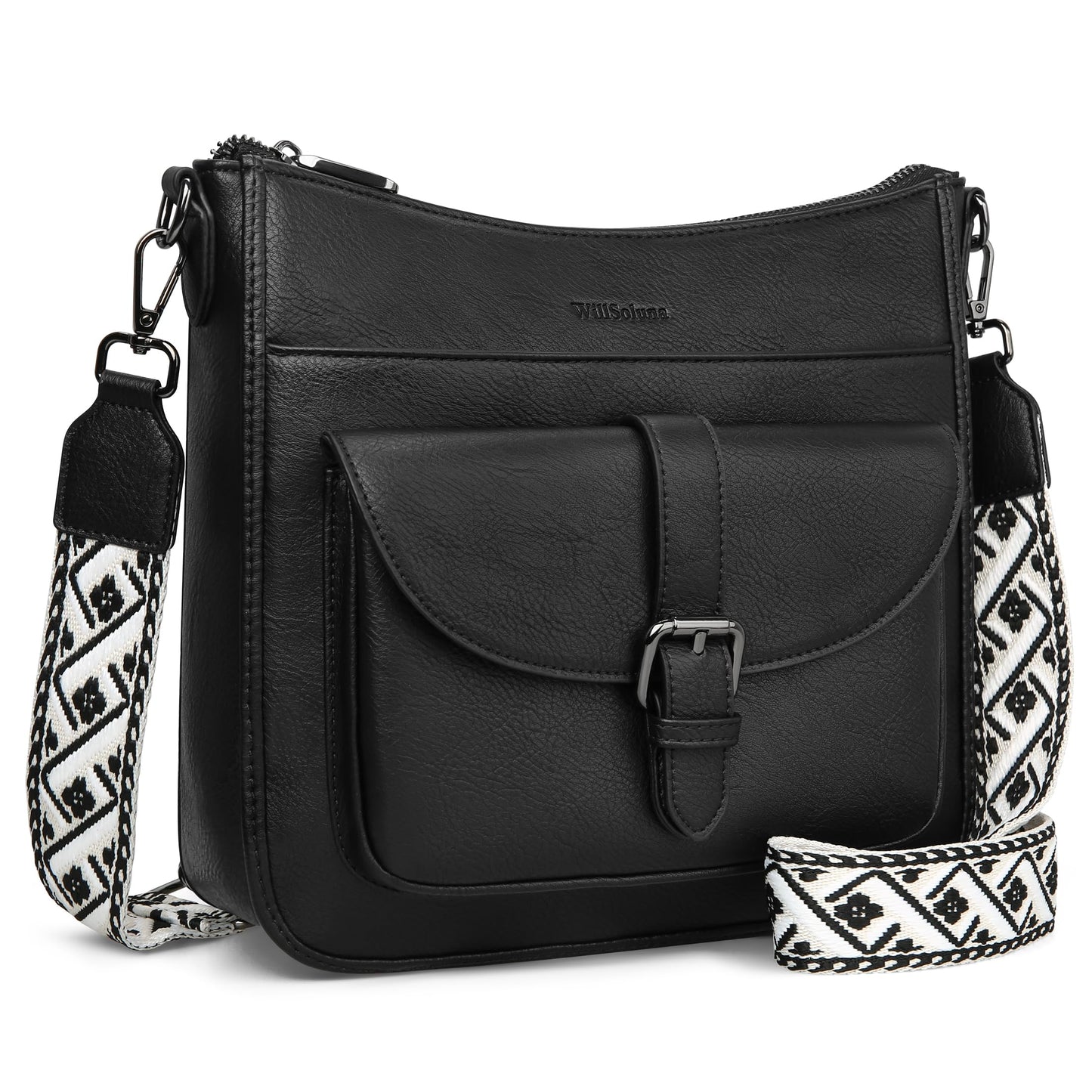 WILLSOLUNA Crossbody Bags for Women Leather Purses Medium Hobo Shoulder Handbags Anti Theft Travel Purse with Wide Strap(Black)