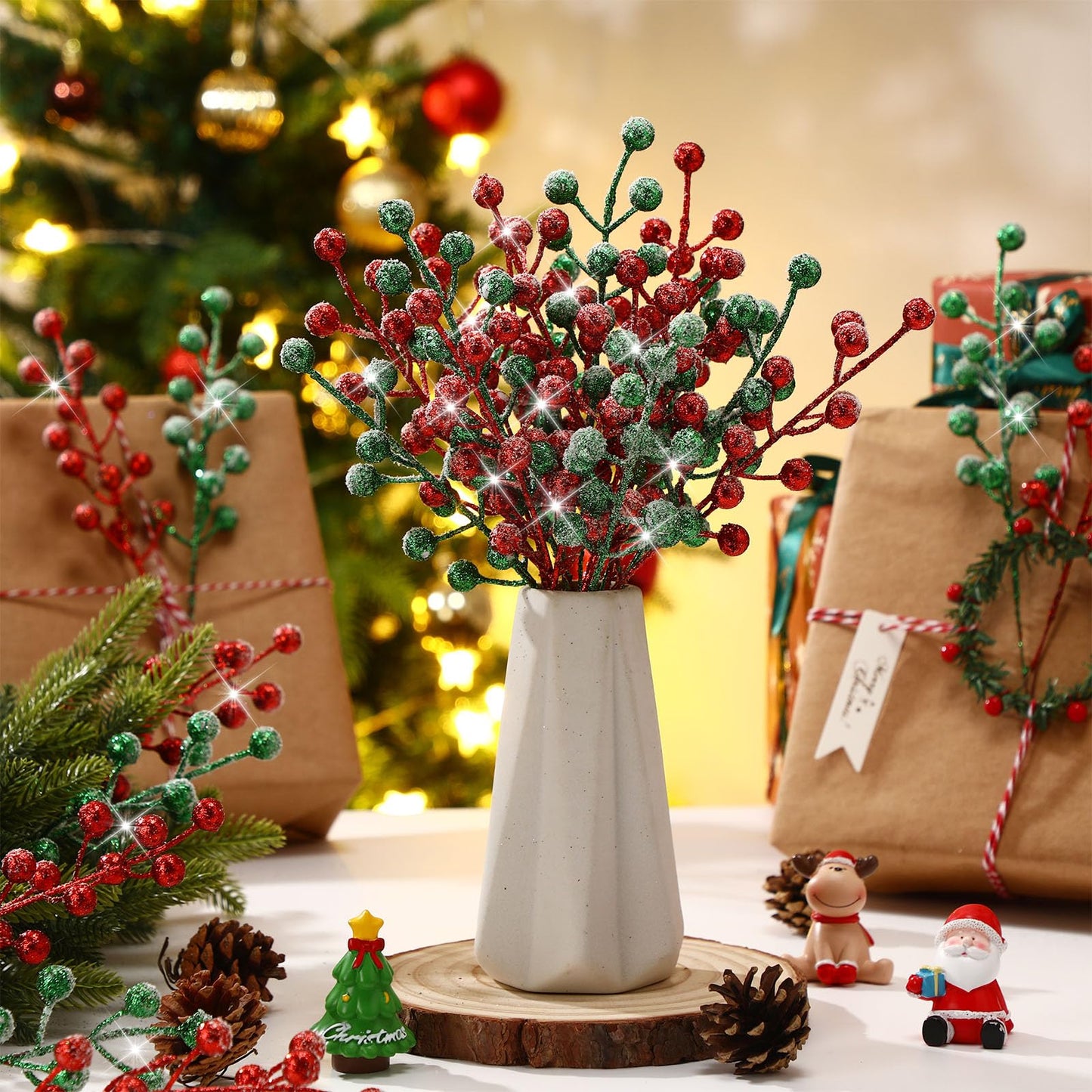 Geosar 30 Pieces Artificial Christmas Berry Picks with Snowflake Glitter Holly Berry Stems for Christmas Tree Ornaments Vases DIY Crafts Wedding Party Holiday Decor(Glitter Red, Light Green)