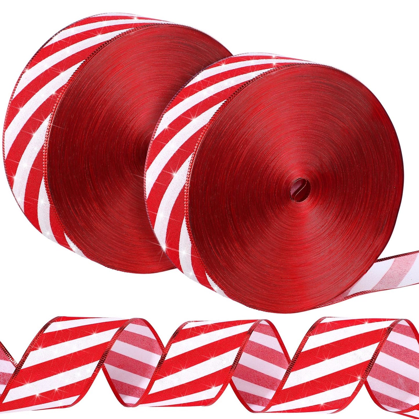 Waydress 2 Rolls Christmas Peppermint Stripe Ribbon Glitter Wired Candy Cane Fabric Wrapping DIY Craft Wide Ribbons for Christmas Tree Bow Wreath(2.5 Inch X 50 Yard)
