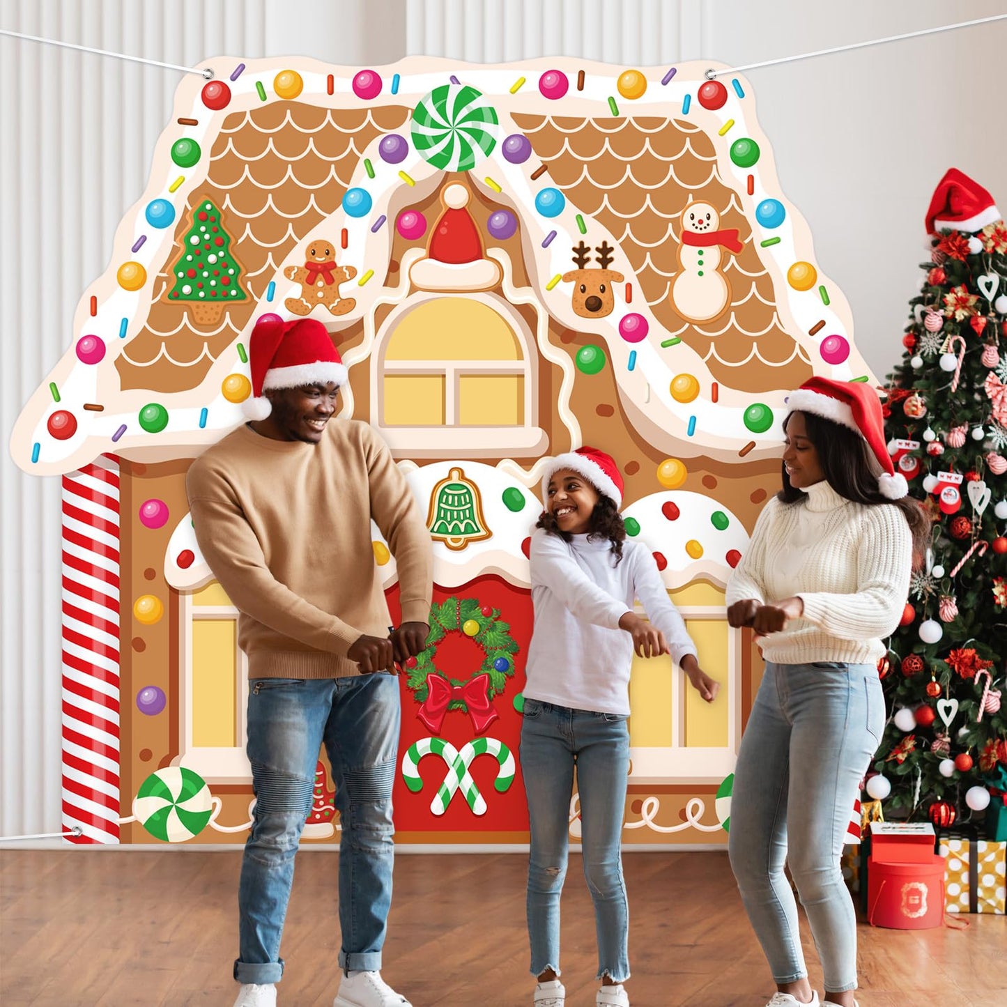 Panelee Extra Large Christmas Banner Decorations 7.4x6.5 ft Polyester Gingerbread House Backdrop Xmas Party Background for Xmas Holiday Garage Door Yard Photo Booth Indoor Outdoor Decor(Vivd)