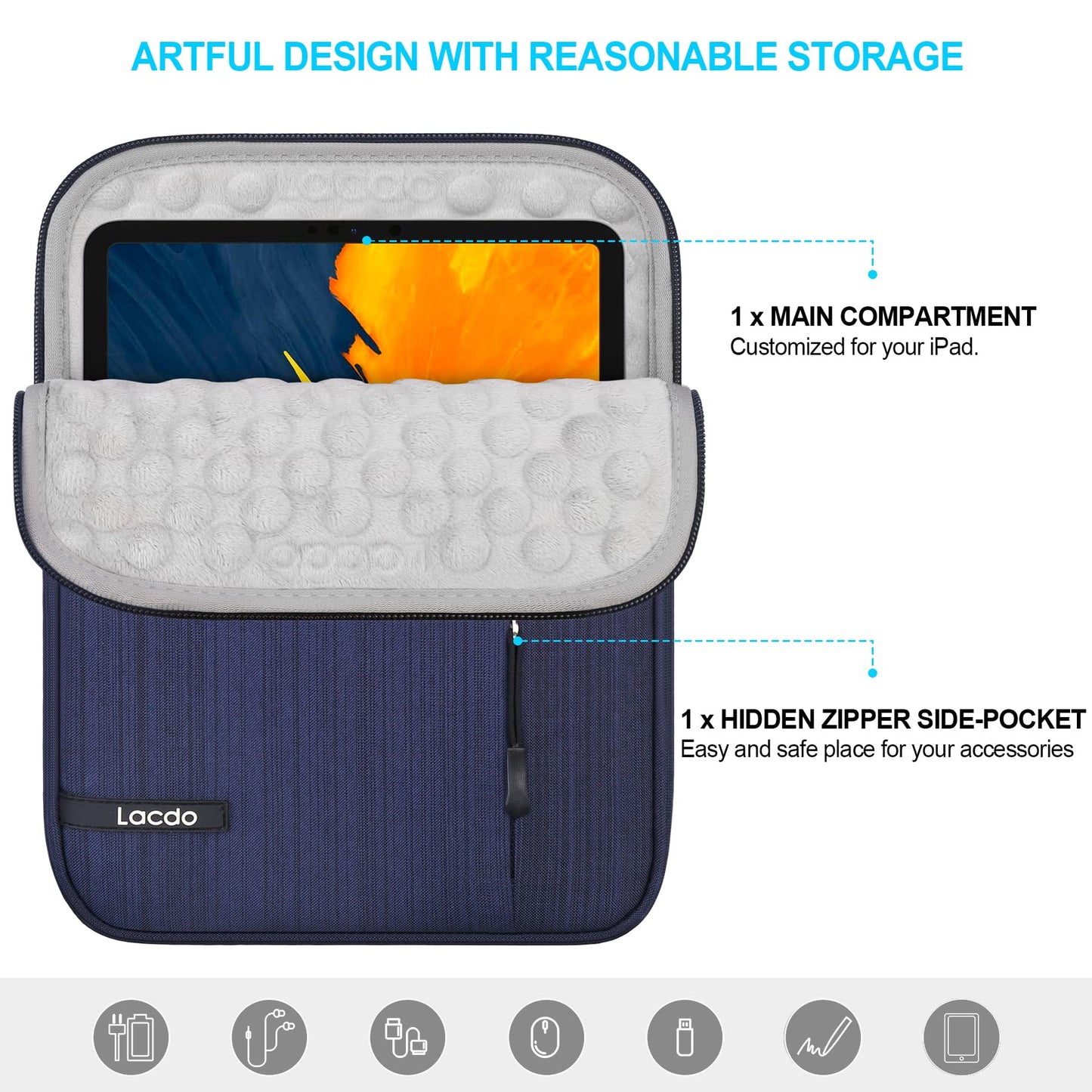 Lacdo Tablet Sleeve Case for 11 inch iPad A16 | 11 Inch ipad Air M4 M3 M2 | 11" iPad Pro M5 M4 | 10.9" ipad/ipad Air | 10.2" IPad | 11" Samsung Galaxy Tab A9+, iPad Air Pro Case Protective Bag, Blue