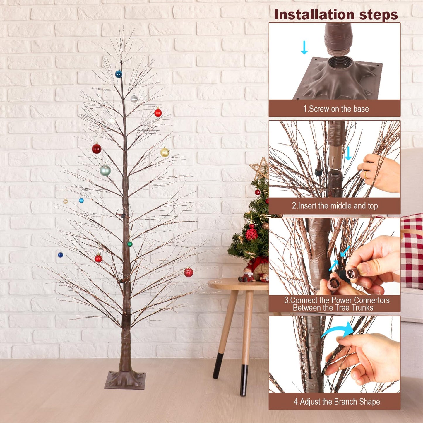 Lituplife 6FT Lighted Birch Tree with 1300 LED Lights, Twinkle Light Brown Christmas Tree with Timer IP44 Waterproof for Indoor Outdoor Festival Wedding Party Christmas Decorations