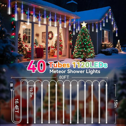 KNONEW 40 Tubes 1120 LED Meteor Shower Lights Christmas Lights Outdoor Plug in Waterproof Falling Rain Light for Xmas Tree Wedding Party Garden Holiday Rooftop Decorations (Blue and Cool White)