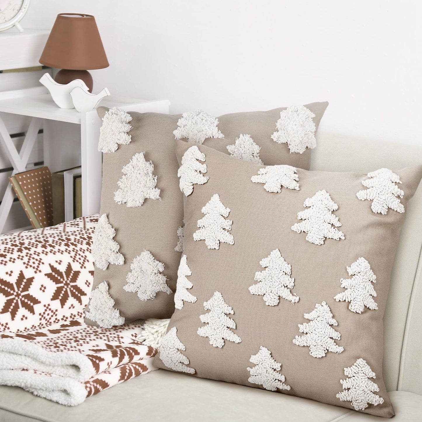 Mixweer 2 Pcs Christmas Pillow Covers 18x18 Inch Neutral Christmas Tree Embroidery Throw Pillow Covers Decorative Throw Cushion Case for Xmas Winter Holiday Decoration (Beige)