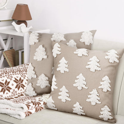 Mixweer 2 Pcs Christmas Pillow Covers 18x18 Inch Neutral Christmas Tree Embroidery Throw Pillow Covers Decorative Throw Cushion Case for Xmas Winter Holiday Decoration (Beige)