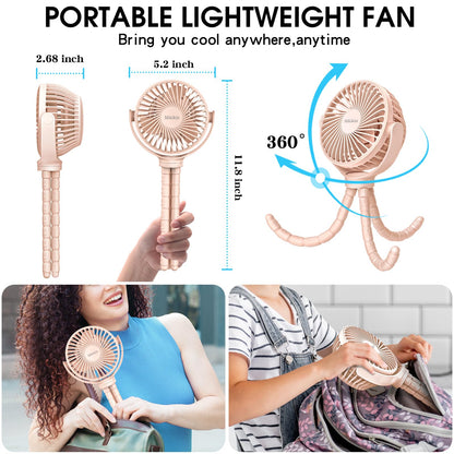 Portable Stroller Fan, Small Battery Powered Fan with Flexible Tripod Clip-on for Baby, USB Rechargeable Mini Handheld Desk Fan for Travel, Camping, Treadmill, Car Seat, Crib, Bike, Bedroom (Pink)