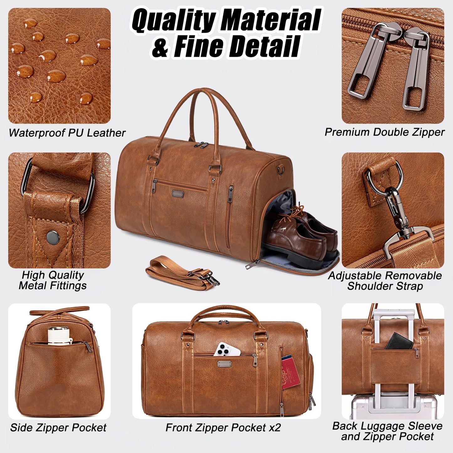 Large Travel Duffel Bag for Women Men, Faux Leather Weekender Overnight Bag with Shoe Compartment, Waterproof Carry On Bag with Toiletry Bag, Travel Tote Bag Gym Bag (Brown)